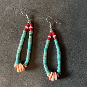 Turquoise Beaded Loop Earrings with Coral Accent - Women Jewelry